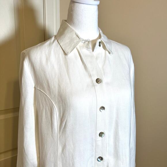 Soft Surroundings White Linen Blend Tunic Shirt Pearl Buttons Lace Hems Size M - Picture 2 of 11